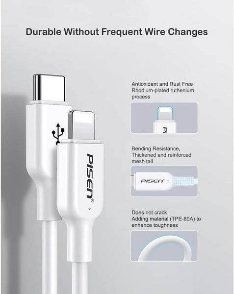 Кабель для швидкої зарядки Pisen Lightning &mdash; USB-C PD 0.25 метр Pisen-0.25m фото