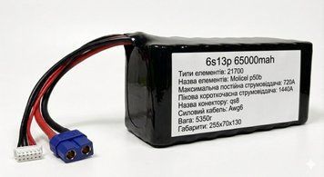 Акумулятор 6s13p 65000mah для великих БПЛА (Вампір, Баба Яга, Кажан та ін.) molicel_p50b_6s13p_65 фото