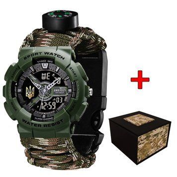 Спортивний чоловічий годинник Awarder 005P Тризуб золото Army Green Паракордовий ремінець Camo Green + Коробка ABR-1202-0472 фото