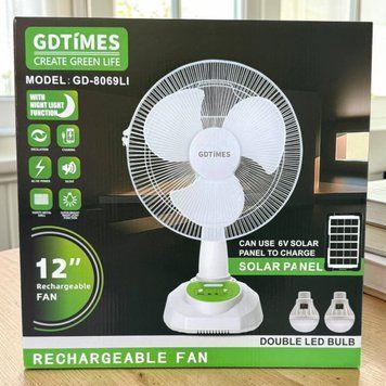 Вентилятор GDTIMES GD 8069LI, 12', Solar+ вбудований акумулятор, 2*USB лампочки GDTIMES_GD_8069LI_12 фото